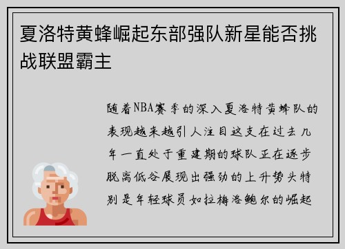 夏洛特黄蜂崛起东部强队新星能否挑战联盟霸主